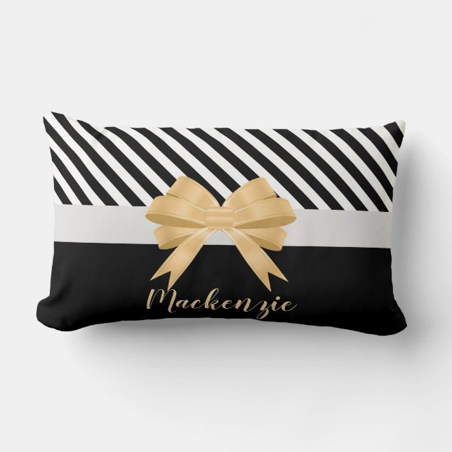 Zwarte witte strepes Goldem Bow Kussen (Voorkant)