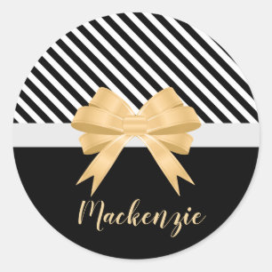 Zwarte witte strepes Goldem Bow Ronde Sticker