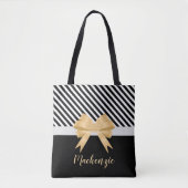 Zwarte witte strepes Goldem Bow Tote Bag (Voorkant)