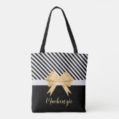 Zwarte witte strepes Goldem Bow Tote Bag (Achterkant)