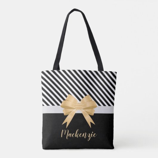 Zwarte witte strepes Goldem Bow Tote Bag (Achterkant)