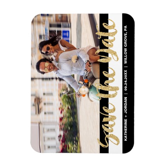 Zwarte Witte Stripe & Gold-tekst Sla de datum-foto Magneet (Verticaal)