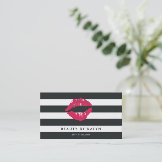 Zwarte & Witte Stripe Lip Print Visitekaartje (Staand voorkant)