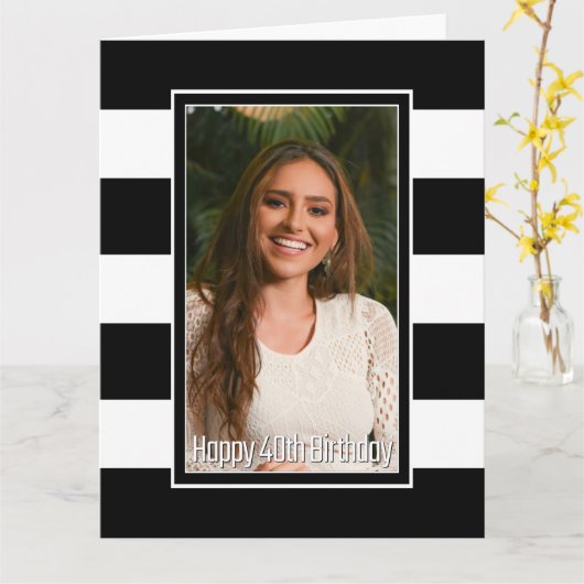 Zwarte Witte striped 40th Birthday Kaart (Gele Bloem)