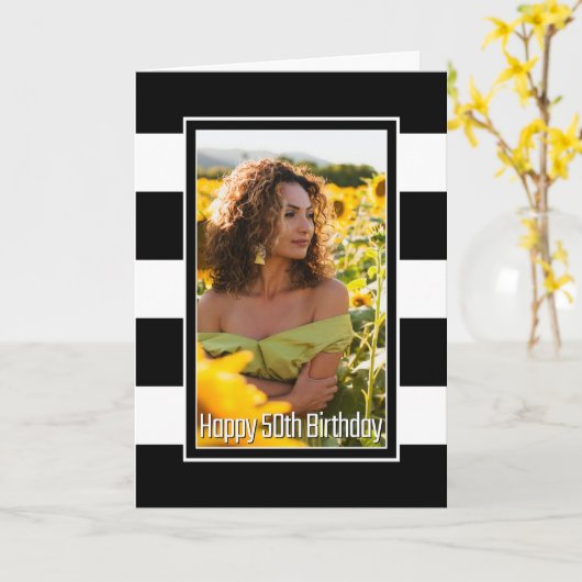 Zwarte Witte striped 50th Birthday Kaart (Gele Bloem)