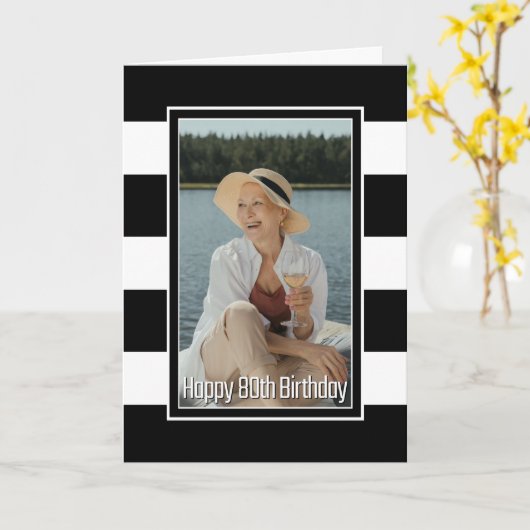 Zwarte Witte Striped 80th Birthday Kaart (Gele Bloem)