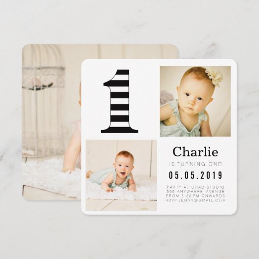 Zwarte & witte stripes 1-jarige fotokaarten kaart (Voorkant / Achterkant)