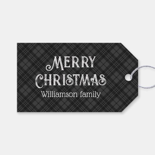 Zwarte witte tartan gevat winterkerstpatroon cadeaulabel (Voorkant (Horizontaal))