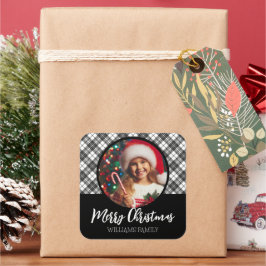 Zwarte witte tartan Kerstmis Custom foto naam Vierkante Sticker