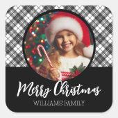 Zwarte witte tartan Kerstmis Custom foto naam Vierkante Sticker (Voorkant)