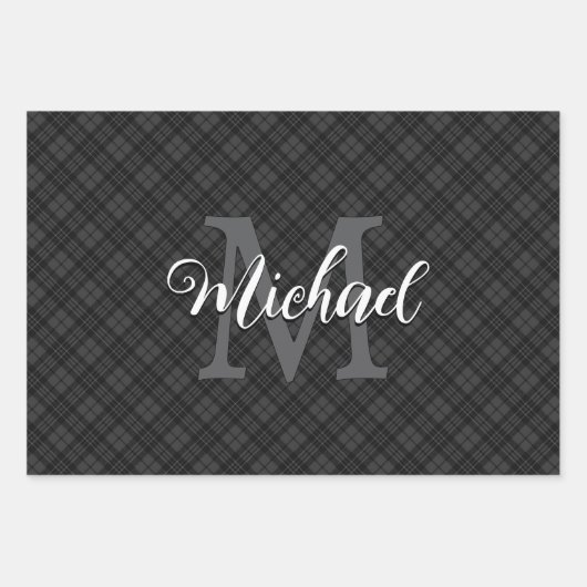 Zwarte witte tartan plaid winter Kerstmis Monogram Inpakpapier Vel (Voorkant 2)