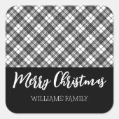 Zwarte witte tartan Vrolijk Kerstfeest Vierkante Sticker (Voorkant)