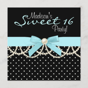 Zwarte Witte Teal Blauwe Sweet 16 Verjaardagsfeest Kaart