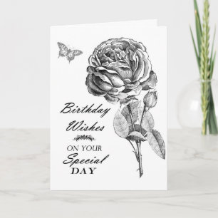 Zwarte witte tekening roos bloem Verjaardag Kaart