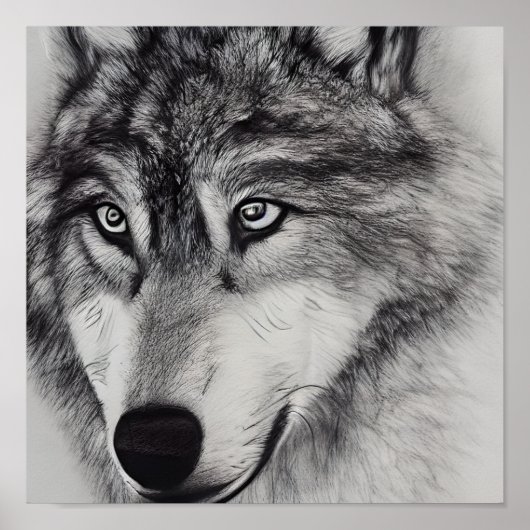 Zwarte witte tekening van een Wolf Poster (Voorkant)