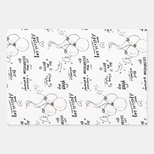 Zwarte Witte Tekst Doodle Ballon Gelukkige Verjaar Inpakpapier Vel (Voorkant 3)