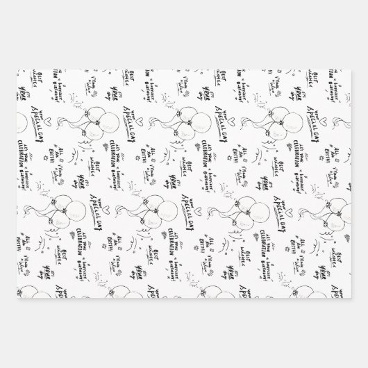 Zwarte Witte Tekst Doodle Ballon Gelukkige Verjaar Inpakpapier Vel (Voorkant)