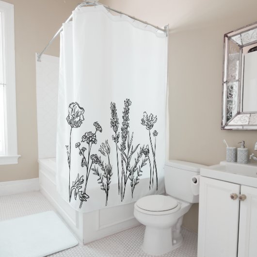 Zwarte Witte Tuin Bloem Bloemen Botanische Kunst Douchegordijn (In situ)