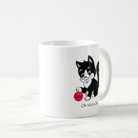 Zwarte witte tuxedo kitty kat & rode bal koffiemok (Voorkant rechts)