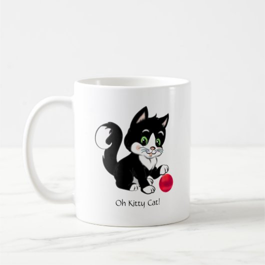 Zwarte witte tuxedo kitty kat & rode bal koffiemok (Links)