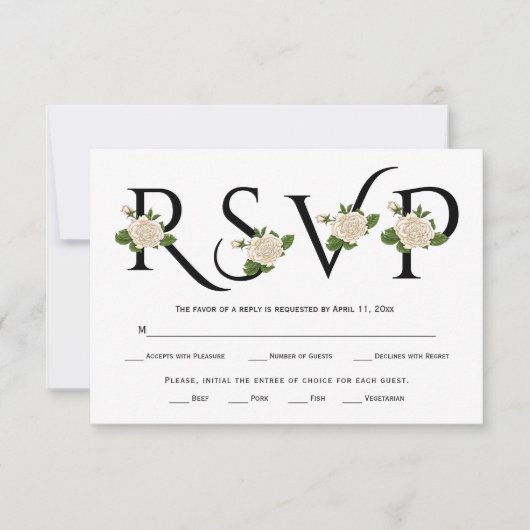 Zwarte, witte typografie en witte rozen RSVP-kaart RSVP Kaartje (Voorkant)