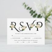 Zwarte, witte typografie en witte rozen RSVP-kaart RSVP Kaartje (Staand voorkant)