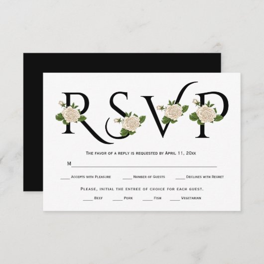 Zwarte, witte typografie en witte rozen RSVP-kaart RSVP Kaartje (Voorkant / Achterkant)