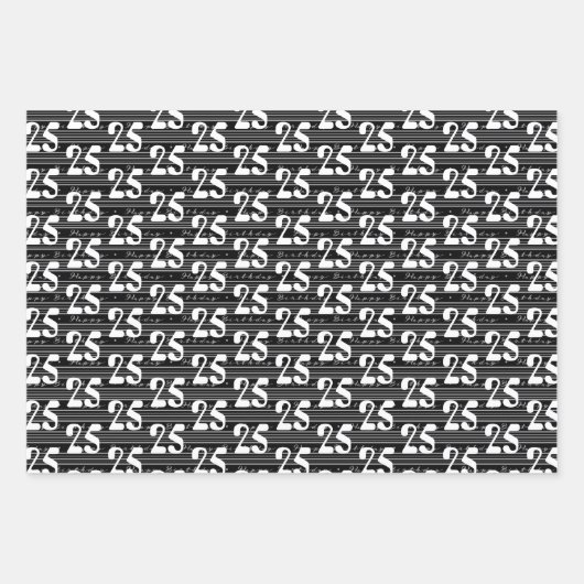 Zwarte witte typografie nummers 25e verjaardag inpakpapier vel (Voorkant)