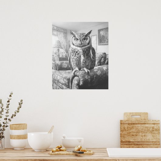 Zwarte witte uil op woonkamer stoel illustratie poster (Keuken)