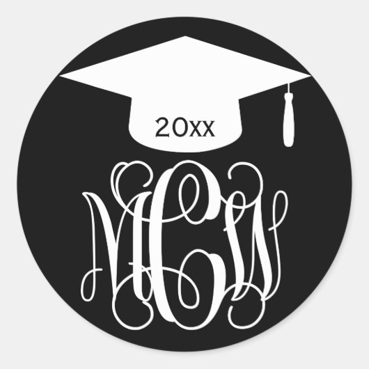 Zwarte Witte Vines Script Monogram Afstudeer DIY B Ronde Sticker (Voorkant)