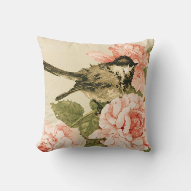  zwarte witte vogel blauw roze roze bloemen kussen (Voorkant)