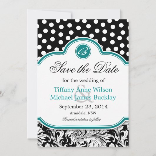 Zwarte witte vogel turquoise bruiloft met uitzonde save the date (Voorkant)