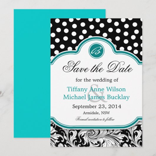 Zwarte witte vogel turquoise bruiloft met uitzonde save the date (Voorkant / Achterkant)