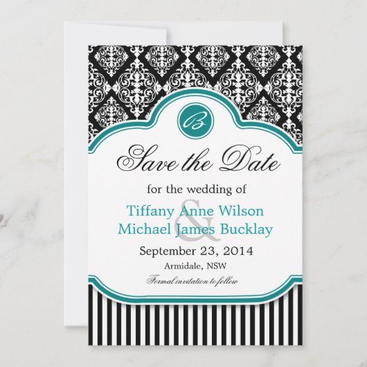 Zwarte witte vogel turquoise bruiloft met uitzonde save the date (Voorkant)