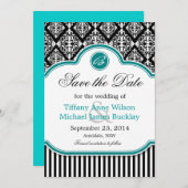 Zwarte witte vogel turquoise bruiloft met uitzonde save the date (Voorkant / Achterkant)