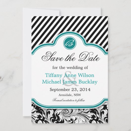 Zwarte witte vogel turquoise bruiloft met uitzonde save the date (Voorkant)