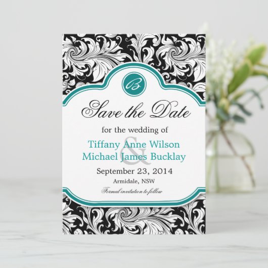 Zwarte witte vogel turquoise bruiloft met uitzonde save the date (Staand voorkant)
