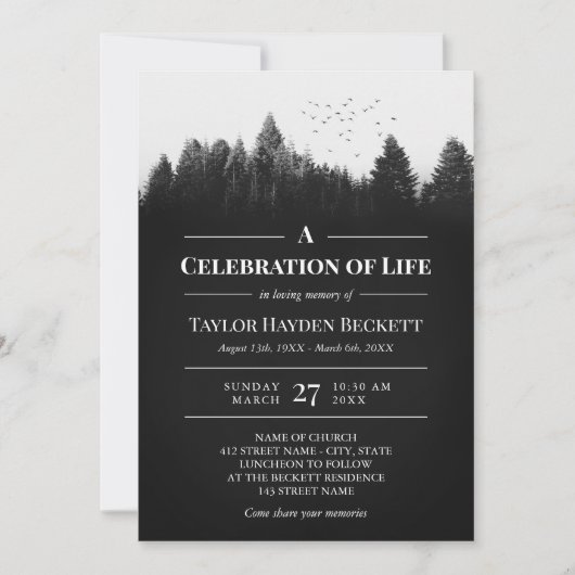 Zwarte witte vogels over bos viering van het leven kaart (Voorkant)