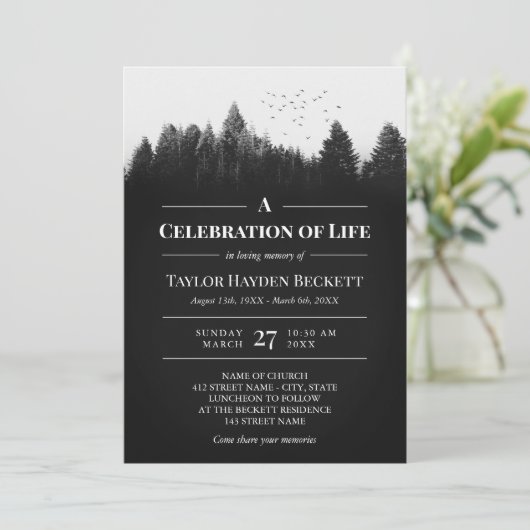 Zwarte witte vogels over bos viering van het leven kaart (Staand voorkant)