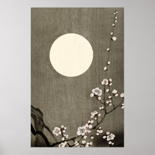 Zwarte Witte Volle Maan Cherry Blossom Art Poster