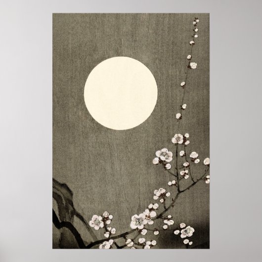 Zwarte Witte Volle Maan Cherry Blossom Art Poster (Voorkant)