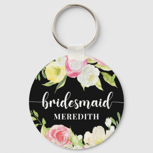 Zwarte witte Waterverf Floral Bridesmaid Name Sleutelhanger