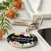 Zwarte witte Waterverf Floral Bridesmaid Name Sleutelhanger (Zijkant)