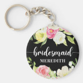Zwarte witte Waterverf Floral Bridesmaid Name Sleutelhanger (Voorkant)