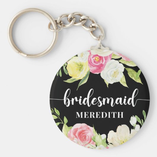 Zwarte witte Waterverf Floral Bridesmaid Name Sleutelhanger (Voorkant)