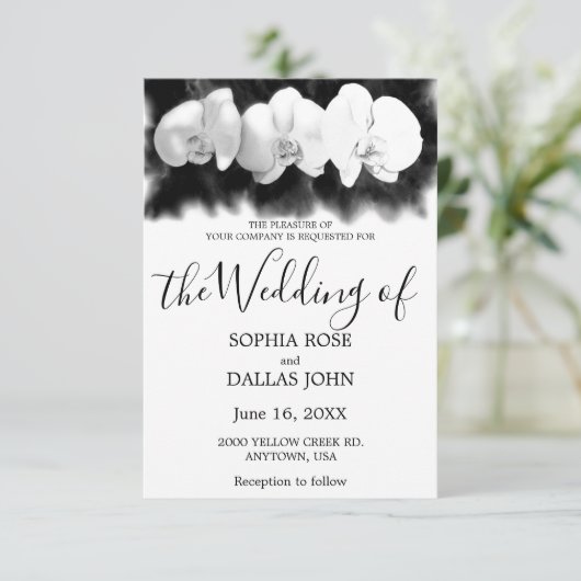 Zwarte witte waterverf orchideeën huwelijksuitnodi kaart (Staand voorkant)