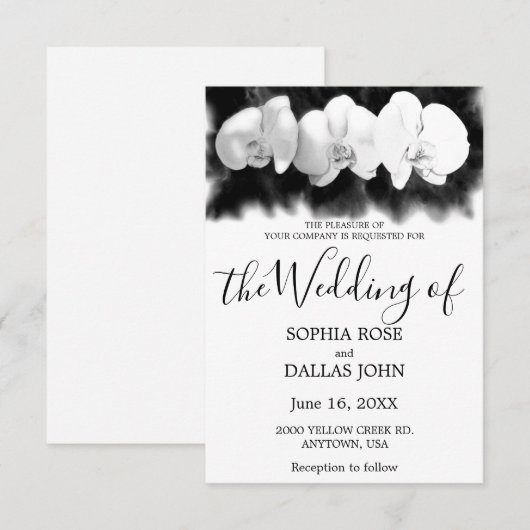 Zwarte witte waterverf orchideeën huwelijksuitnodi kaart (Voorkant / Achterkant)
