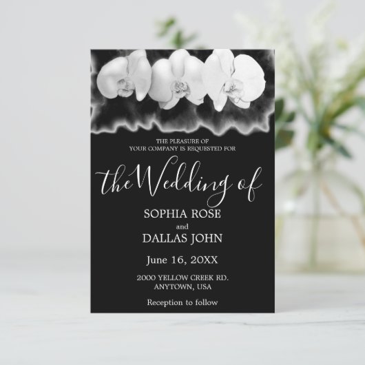 Zwarte witte waterverf orchideeën huwelijksuitnodi kaart (Staand voorkant)