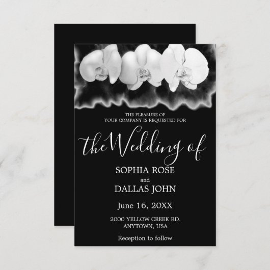 Zwarte witte waterverf orchideeën huwelijksuitnodi kaart (Voorkant / Achterkant)