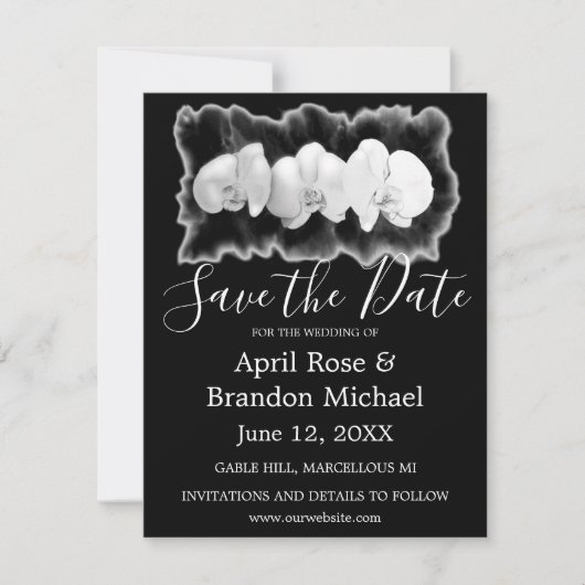 Zwarte witte waterverf orchideeën tropische bloeme save the date (Voorkant)